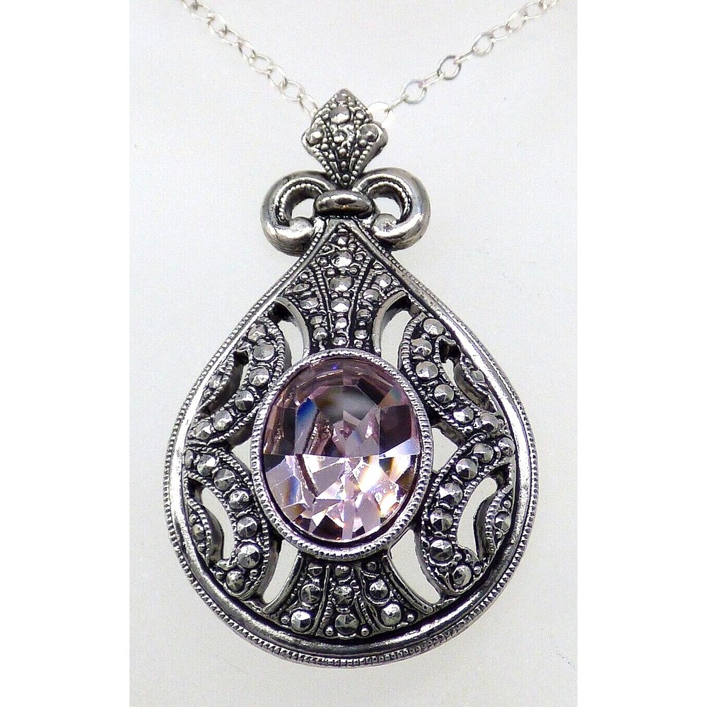 Amethyst Purple Gemstone Ornate Pendant Necklace Chain 925 Sterling Sparkly!